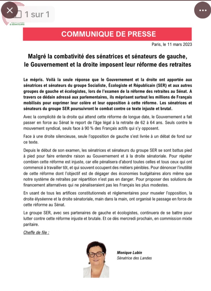 Le peuple dit clairement #NonALaReformeDesRetraites 
la gauche au Sénat s'est battue,👏 la droite, #Macron imposent cette régression.@fadila_khattabi #circo2103 refuse de recevoir les syndicats en plein débat, même attitude qu'au Sénat : le passage en force @Lebienpublic @afpfr