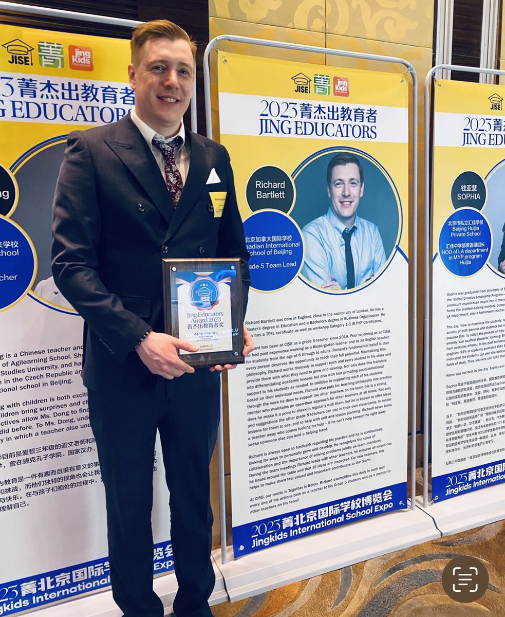 educatorrichie's tweet photo. Thank you, CISB, for recognizing my efforts as a teacher. I am proud to represent CISB at the JING Educators Awards. My goal as an educator is to create safe and comfortable learning environments where students can take risks while learning skills to become passionate leaders. https://t.co/JGVkWpfJ1V