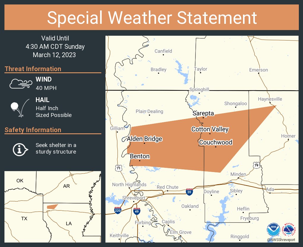 A special weather statement has been issued for Benton LA, Cotton Valley LA and  Sarepta LA until 4:30 AM CDT