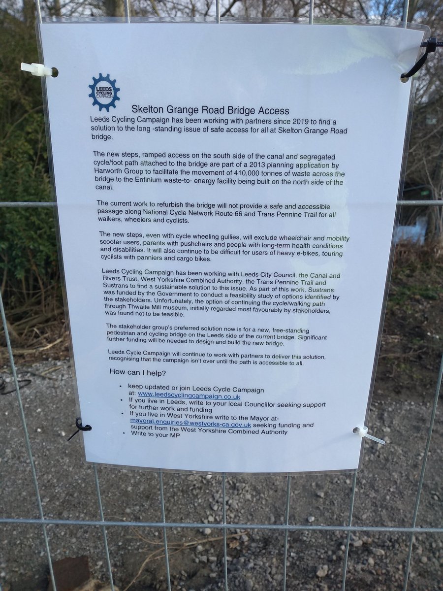 LeedsCyclists's tweet photo. @bricycle @NewCycling Good to hear your team in post. Great cycling infrastructure coming on stream across Leeds &amp; great leadership. Concerned  budget cuts may delay sorting this disaster on NCN 67  &amp; Trans-Pennine Trail at Skelton Grange road bridge.
@HarworthGroup  should not be able to do this https://t.co/mHUXBjoab5