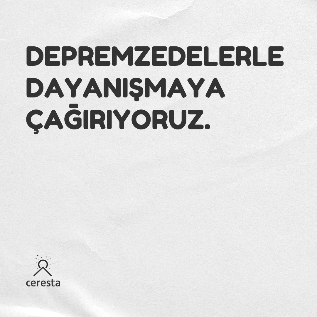 Unutmamak, unutturmamak için bize düşen her ne varsa tüm gücümüzle yapmaya hazırız.

Duyurularımızı yaymanızı rica ediyor, desteğinizi bekliyoruz.

İşimiz çok, yolumuz uzun.
Birlikte olursak üstesinden gelebiliriz.

#Deprem #Ceresta #Sorumluluk