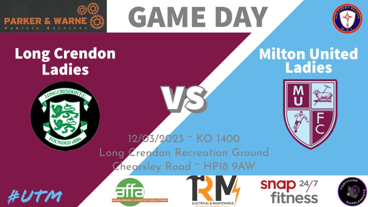 MiltonUtdLadies's tweet photo. GAME DAY⚽️

We are on the road with a trip to Long Crendon for our final league game of the season!🤞🏼 

🆚 @LongCrendonLFC 
🏆 @SthRgnWFL 
📍 Recreation Ground • HP18 9AW
📆 Sunday 12th March
⏰ 1400 Kick off 

#UTM #ladiesfootball https://t.co/oXevnPcixy