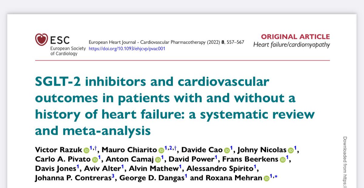 🫀 SGLT2 inhibitors improve #cardiovascular outcomes irrespective of HF history, type and severity of EF reduction

💊 Read all the evidence in this #metanalysis published at #EHJPharmacotherapy ➡️ academic.oup.com/ehjcvp/article…

#CardioTwitter #MedTwitter #Cardiology #Cardiology #MedEd