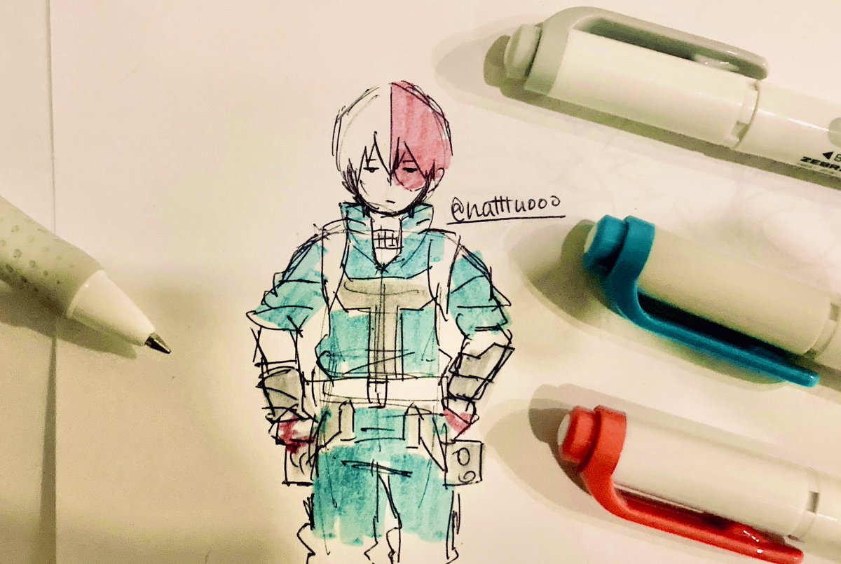 todoroki shouto 1boy male focus traditional media hands on hips red hair solo jumpsuit  illustration images