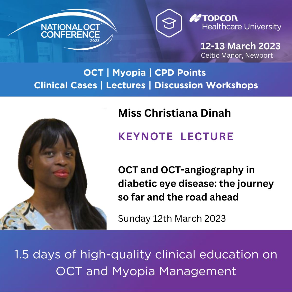 All those months of planning and we are finally here! Welcome to the National OCT Conference 2023

The Clinical-fest Day starts at 10.15am with the keynote from Dr Christiana Dinah. 

#clinicaleducation #conference #octangiography #diabeties #eyehealth