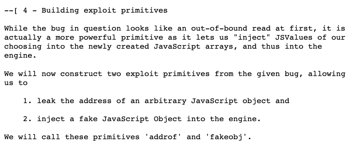 These #Phrack articles by @5aelo are the best primers on attacking #JavaScript engines A case study of JavaScriptCore and CVE-2016-4622 phrack.org/issues/70/3.ht… #Exploiting Logic #Bugs in JavaScript JIT Engines phrack.org/issues/70/9.ht…