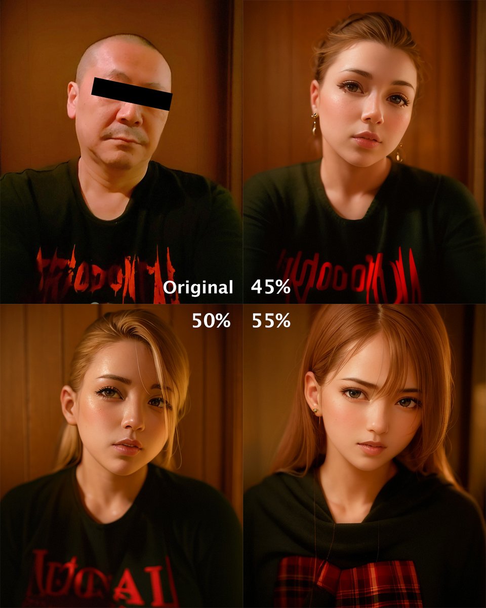 mooladhara's tweet photo. どこかのオッサン(謎)をi2iで女性化ッ!!
パーセンテージは元画像との一致率
45%からすでに別人...
(ちなみに40%はほぼ一緒...キレイな肌のオッサン)
#AI #generativeAI #StableDiffusion #perfect_world #man #woman #i2i #元はワシ https://t.co/xaLqvwZNNR