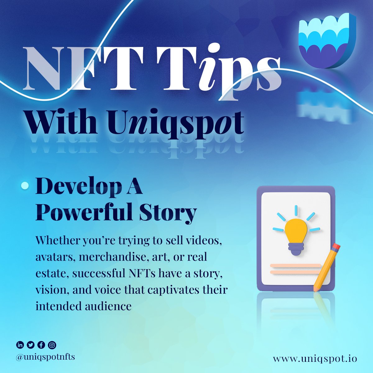 Uniqspotnfts's tweet photo. NFT TIP: Develop a Powerful Story
Follow @uniqspotnfts
Mail us at hello@uniqspot.io
#uniqspot #letsgetspot #nft #nfttips #nfttipsforyou #nftartist #crypto #cryptocurrency #nfts #cryptotrading #nftmarket https://t.co/3nZtgi1lgx