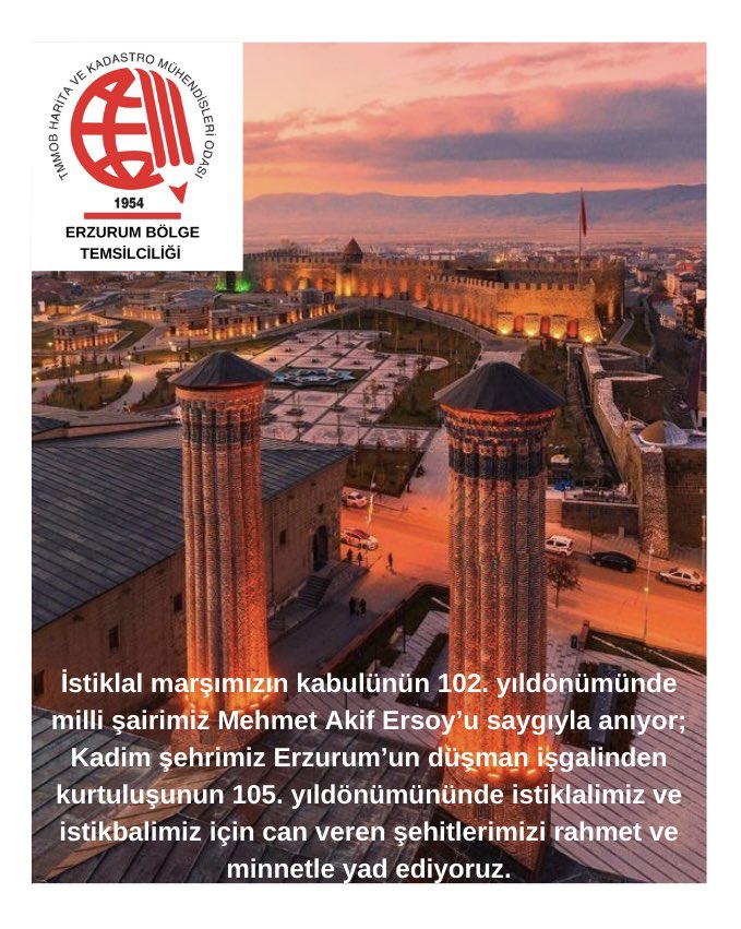 İstiklal marşımızın kabulünün 102. yıldönümünde milli şairimiz Mehmet Akif Ersoy’u saygıyla anıyor;
Kadim şehrimiz Erzurum’un düşman işgalinden kurtuluşunun 105. yıldönümününde istiklalimiz ve istikbalimiz için can veren şehitlerimizi rahmet ve minnetle yad ediyoruz.