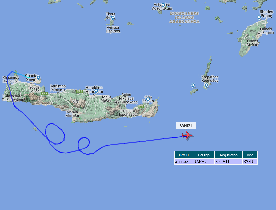 SirListenalot's tweet photo. 0550z #B52 #NOBLE71 about to join up with #KC135 #AE0502 as #RAKE71 out of Souda Bay 
0600z Refueling in area "Karpathos" https://t.co/lXdy6z7WaB