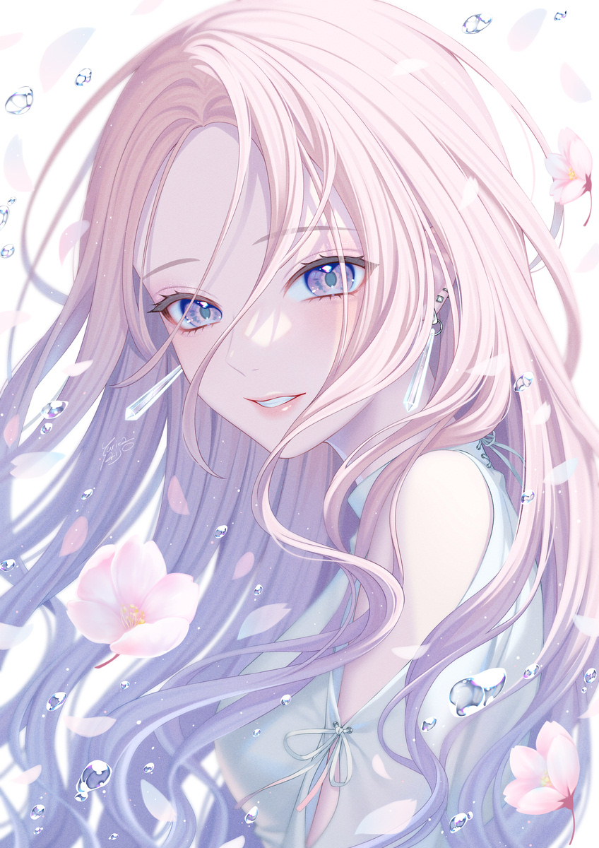 1girl solo flower long hair looking at viewer blue eyes earrings  illustration images