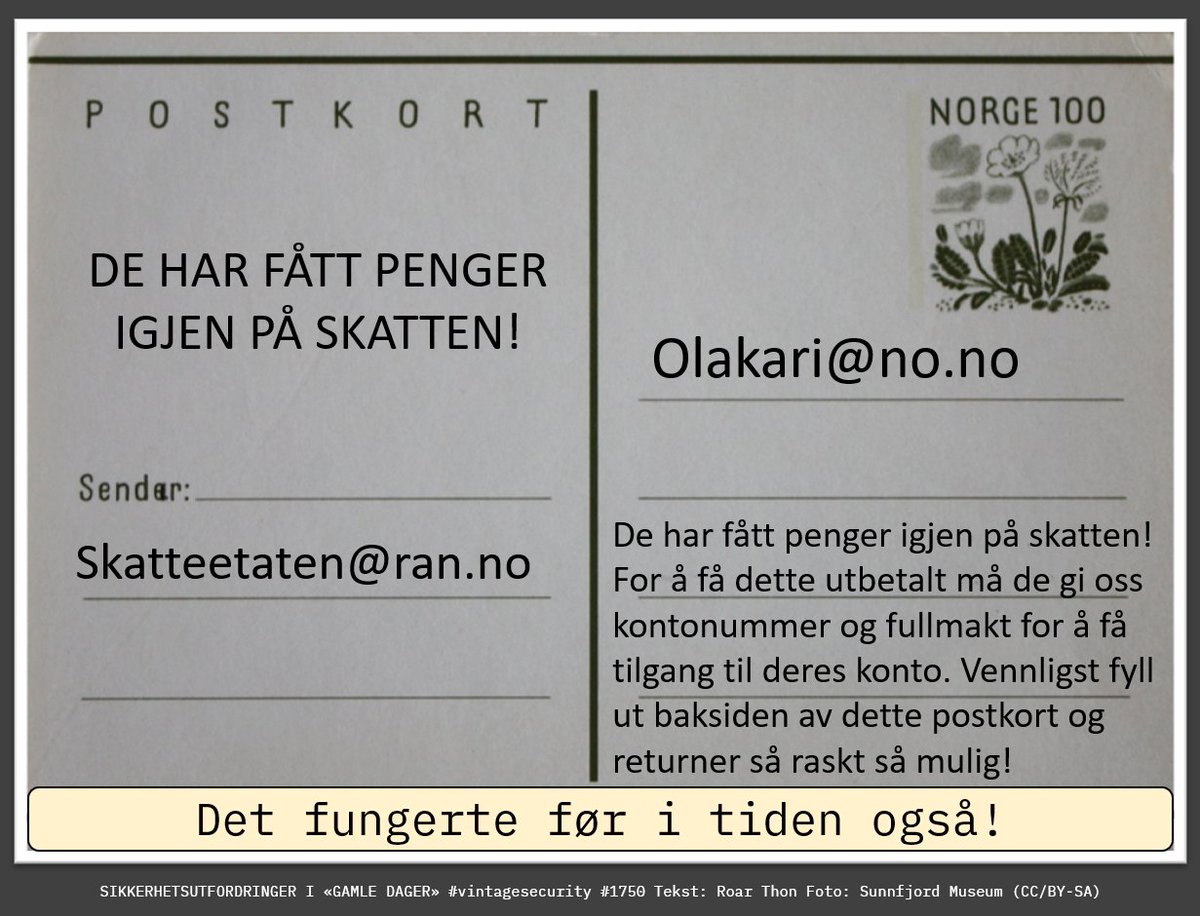 Secdefence's tweet photo. Det er alltid sesong for svindlere! 
Akkurat nå utnytter de at mange venter på skatten for 2022.  Ikke la svindlerne tjene på skatten din!

#vintagesecurity #infosec #sikkerhet #svindel #skatt #humor #ironi https://t.co/WKadgqrXHC