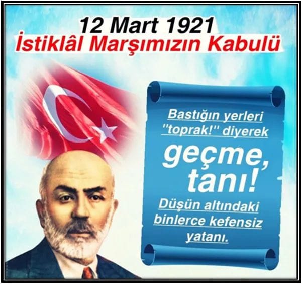 İstiklal Marşımız 102 yaşında... 
Bizlere bu vatanı bırakmak için çalışan, canlarını feda eden başta büyük komutan, devlet adamı, Gazi Mustafa Kemal Atatürk 'ümüze şehitlerimize, gazilerimize ve 
Büyük Şairimiz Mehmet Akif ERSOY' a sonsuz şükranlarımı sunuyorum. 🇹🇷🇹🇷🇹🇷🇹🇷🇹🇷🇹🇷