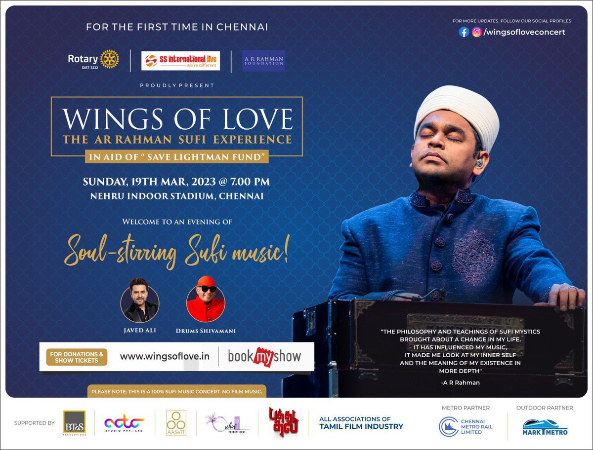 ARR_Foundation's tweet photo. Soul stirring Sufi music by @arrahman on the 19th of March, 2023 at 7:00 PM | Nehru Indoor Stadium 

Book your tickets now! 

https://t.co/yyQQ7LsJUH https://t.co/PSeWyXNRtR