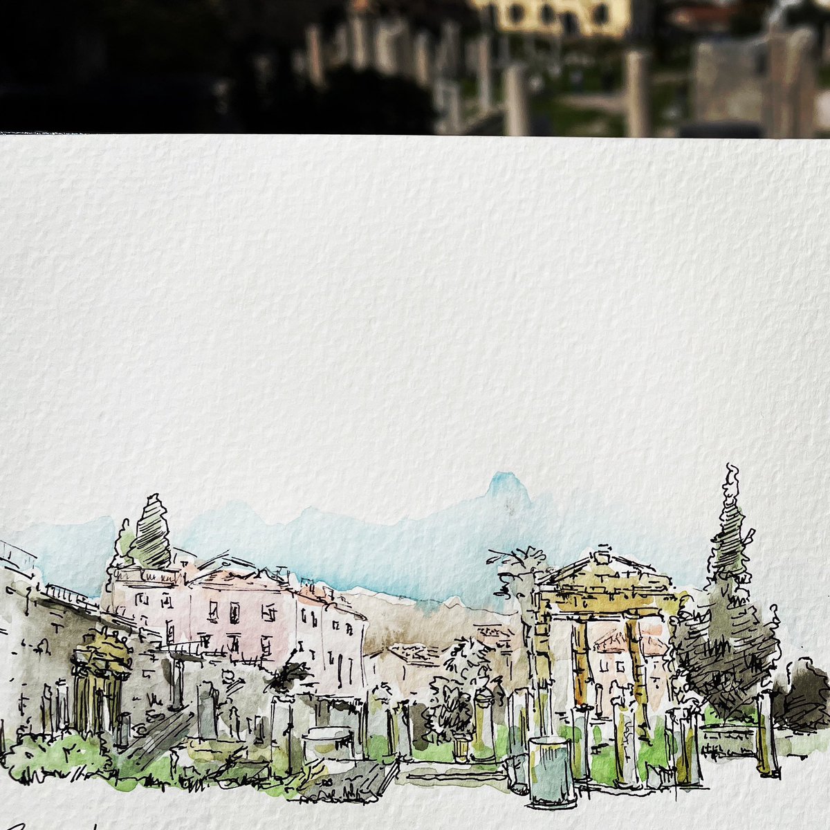 RJNissanArt's tweet photo. The Roman Agora, Athens. This time a teacher decided to lecture his entire class around me 😳
#romanagora #Athens #Greece #travel #moleskine #sketchbook #illustration #art #watercolour #architecture #historic https://t.co/hVmHz9xvz7