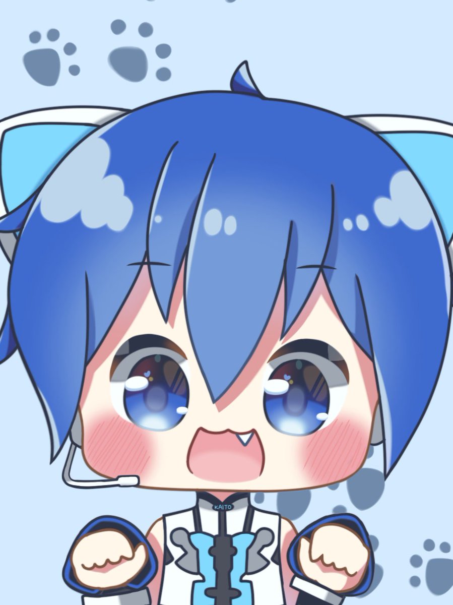 kaito (vocaloid) paw print blue hair fang paw pose blue eyes animal ears speech bubble  illustration images