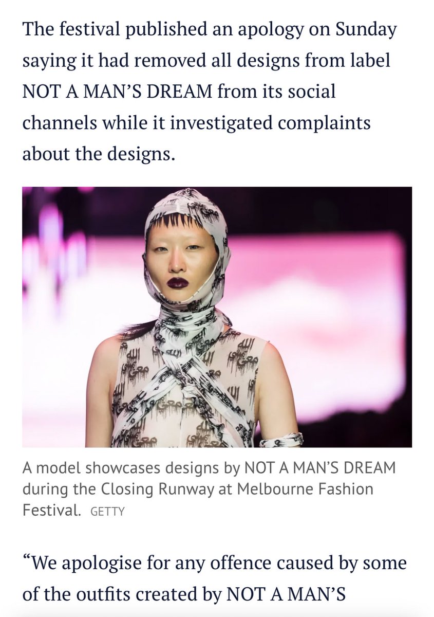 Clearly some faaaasssion bozo’s attempt to be edgy but it’s just super cringe Melbourne Fashion Festival apologises for ‘Allah’ garments on runway theage.com.au/lifestyle/fash…