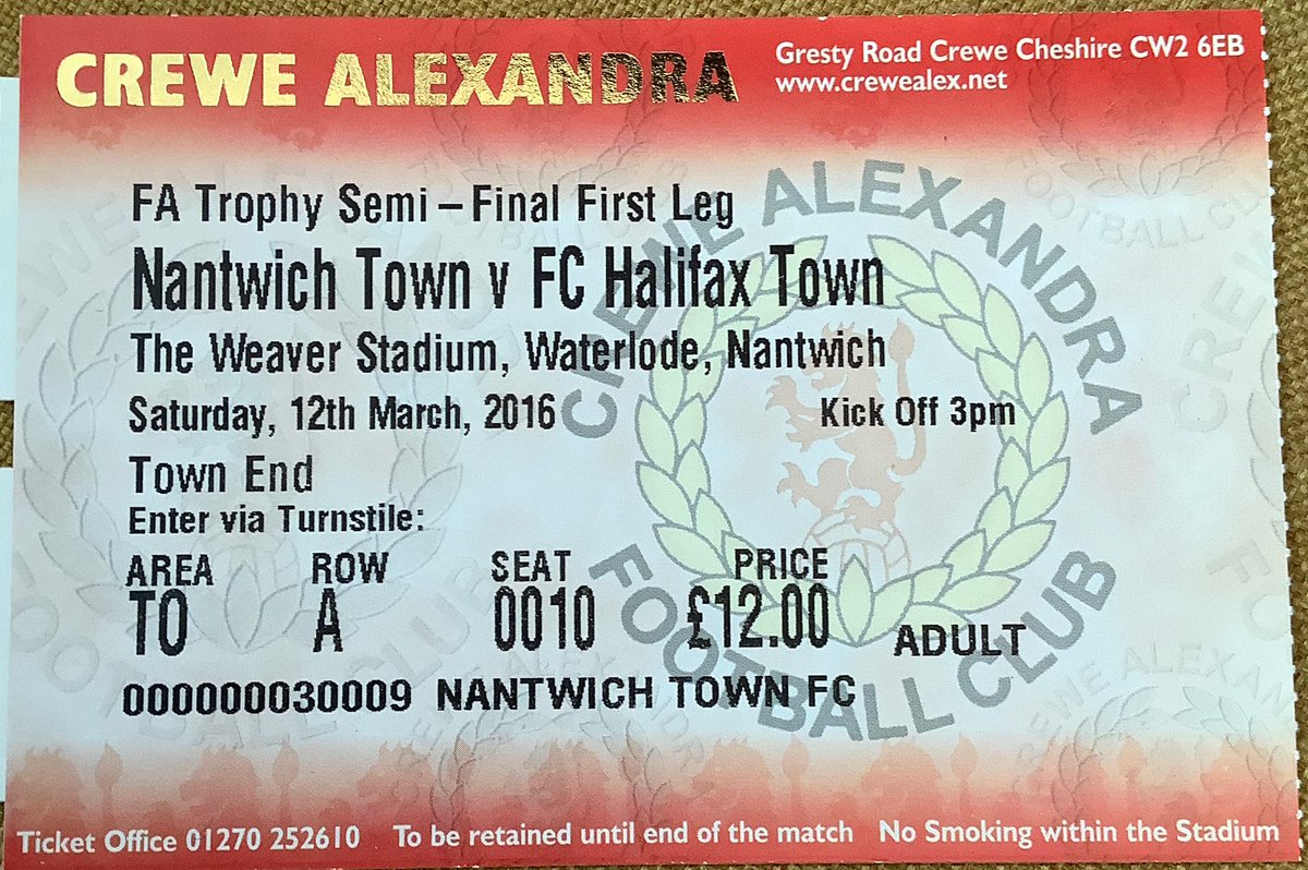 Nantwich Town v Halifax Town ticket #FATrophy semi-final away leg. What Town memorabilia do you have from that season? #Shaymen #Halifax #NonLeague