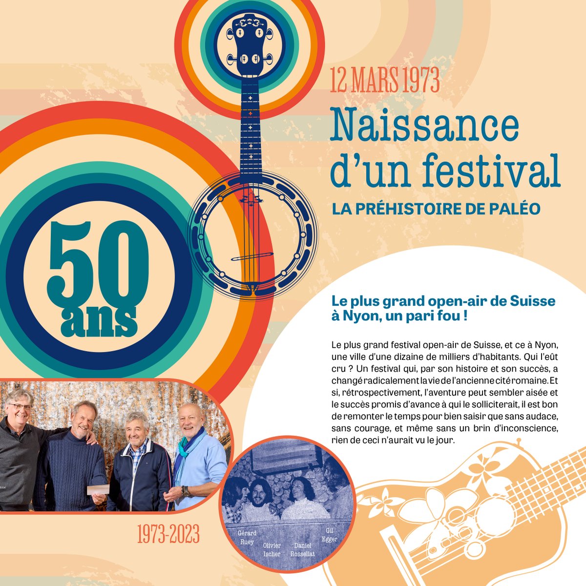 Le 12 mars 1973, j'organisais mon premier concert avec mes complices du Centre de loisirs de Nyon. Cet événement fut l'étincelle de ma passion pour le spectacle et m'a permis de m'inventer le métier que je pratique depuis 50 ans avec bonheur