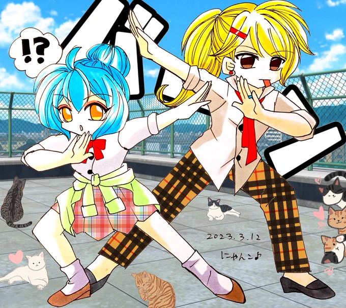 NiziUアカハル  ChopstickのPVより  屋上でポーズ練習中のアカハル 暁はチョコ食べながら、余裕ね  #ワンドロ道場 #にゃんこのアカハル暴走部屋2023 #イラスト #二次創作 #BL