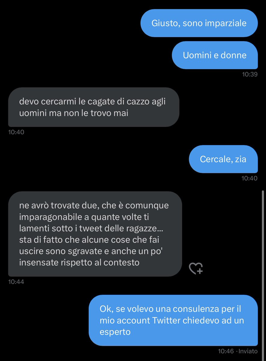 Grazie user donna per recensione al mio profilo ma in quanto donna, appunto, faccio solo finta di ascoltare ciò che dici