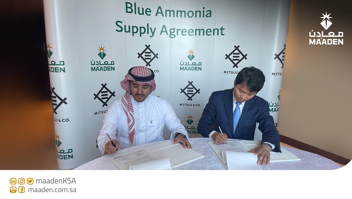 MaadenKSA's tweet photo. As part of #MAADEN's efforts to supply global markets with #BlueAmmonia,
Ma’aden recently signed a joint declaration agreement with Japanese @mitsuiandco to be the first commercial supplier of blue ammonia to #Japan during 2023 and meet the world's clean energy demands. https://t.co/IdQOCuYu3I