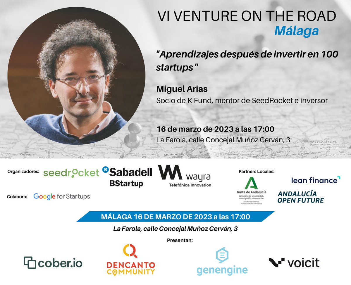 #Inversor ¿Todavía no te has apuntado al #VentureOnTheRoad de Málaga? 
✅Comparte una sesión de inversión con 
<a href="/mike_arias/">Miguel Arias</a> a las 16H 
✅Conoce a las #startups finalistas que presentarán sus proyectos a las 17H
✅ Networking 
📍Málaga el 16/3
Registro👉seedrocket.com/vi-venture-on-…