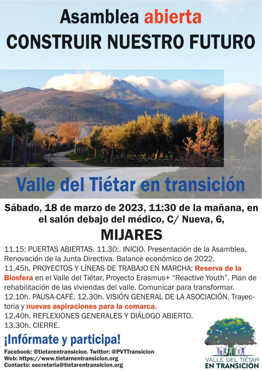 El sábado 18 tenemos Asamblea Abierta de la Plataforma Valle del Tietar en Transición en #Mijares. 
La mejor manera de conocer lo que hacemos es participar. Te esperamos!!!!!
