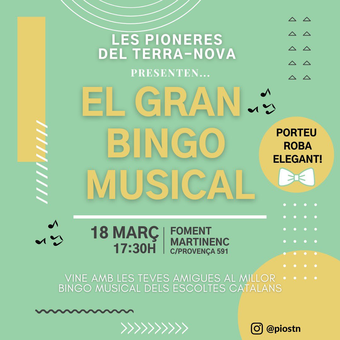 Boneeees!
Les Pioneres del Terra-Nova us convidem a 🔰EL GRAN BINGO MUSICAL!!!!! 🔰