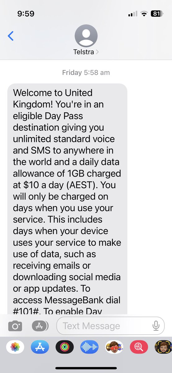 1/2 <a href="/Telstra/">Telstra</a> I landed in the UK and I got this text and the Telstra app showed my progress across the 1 GB I’m eligible for under the Day Pass system.