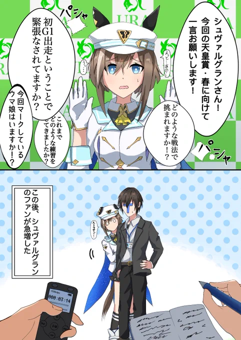 #ウマ娘  #シュヴァルグラン 
質問攻めに遭うシュヴァル 