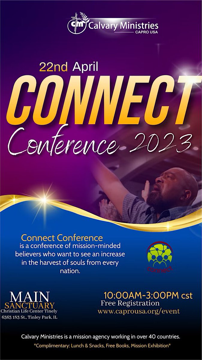 CAPROUSA's tweet photo. Connect is a conference of mission-minded Christians who desire to see an increase in the quality and quantity of global evangelism and missions. Participants o If you have ever attended a Mission Trip or desire to attend one.
*You can register here:*https://t.co/XKRzoac4pi https://t.co/TbXysf1JY4