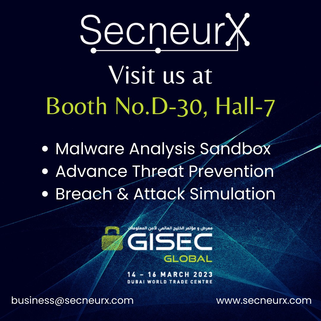 SecneurX's tweet photo. #GISEC2023 #cybersecurity #innovations #malware #dataprotection #ransomware #phishing #itsecurit #cybersecuritystartup #exhibition #conference #uae #mydubai #hacking #BAS #hackingtools #cybersecuritynews #innovation #technology #data #malwareanalysis #malwaredetection #atp https://t.co/8ZhpufxPyv
