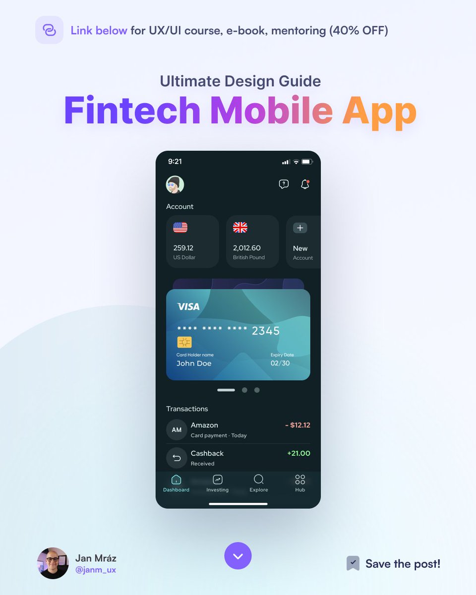 janm_uiux's tweet photo. After some time, I’m back with the ultimate UX/UI design guide describing all the design aspects of the fintech mobile app screen. https://t.co/pH8zSOBKep