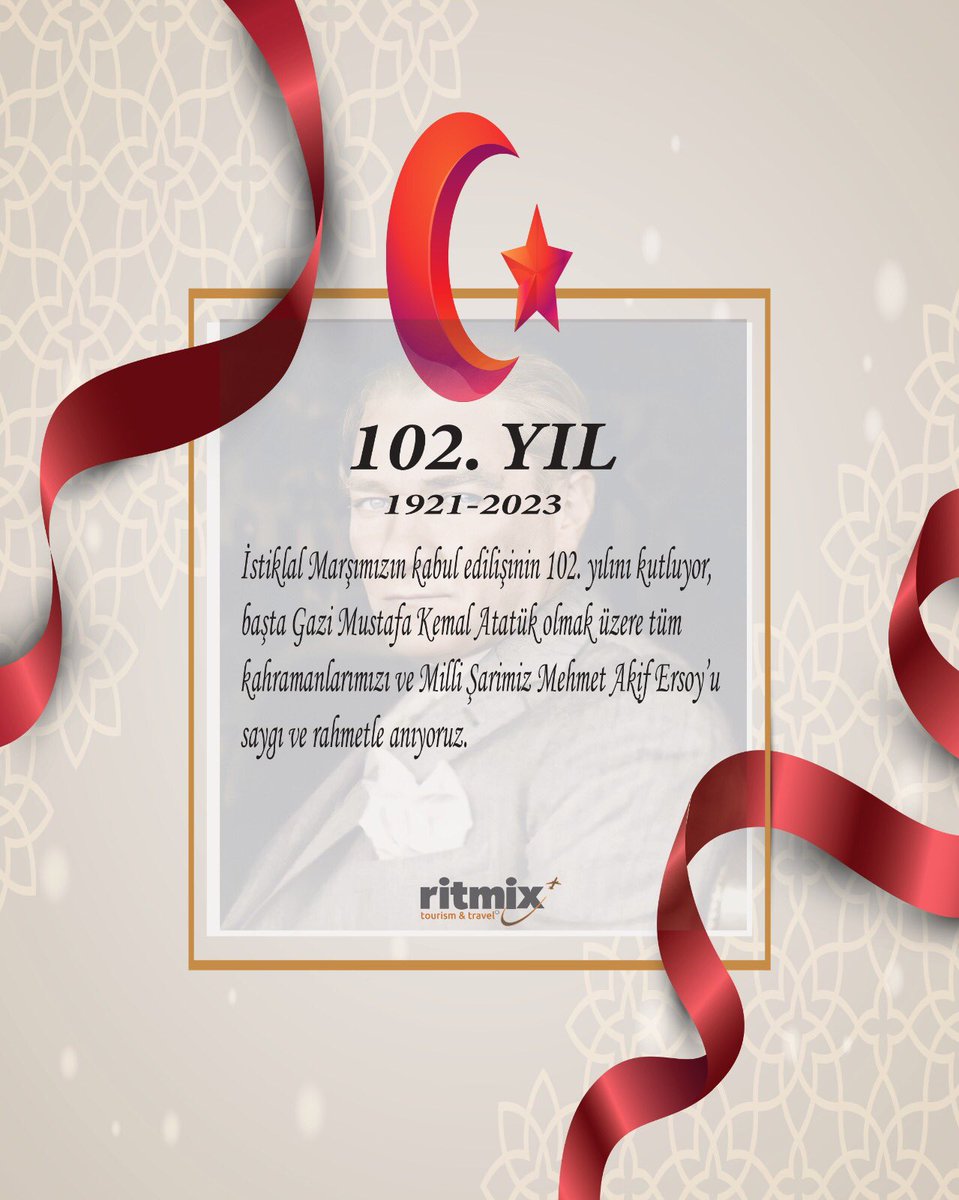 İstiklal Marşımızın kabul edilişinin 102. yılını kutluyor, başta Gazi Mustafa Kemal Atatürk olmak üzere tüm kahramanlarımızı ve Milli Şairimiz Mehmet Akif Ersoy'u saygı ve rahmetle anıyoruz.