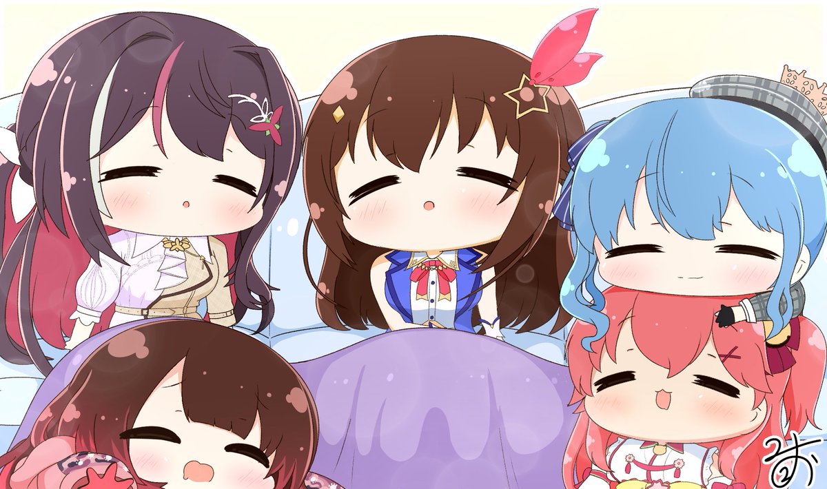 hoshimachi suisei ,sakura miko ,tokino sora multiple girls pink hair brown hair sleeping hair ornament star hair ornament blue hair  illustration images