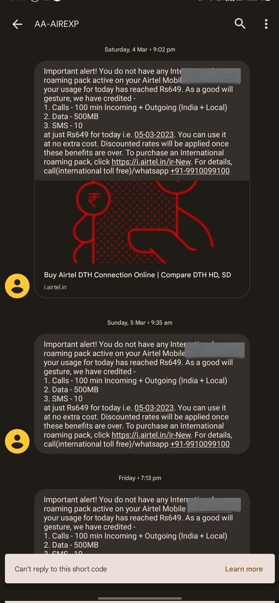 tFitAlpha's tweet photo. Next day on 4th i got below SMS and So on. Refer to the dates I received the SMS. On top of this  no ability to understand what customer is trying to tell regarding incorrect charges. 
Due date 16th.
Neither received SMS regarding international roaming data charges.

6/6 https://t.co/bPgIPpRtmJ