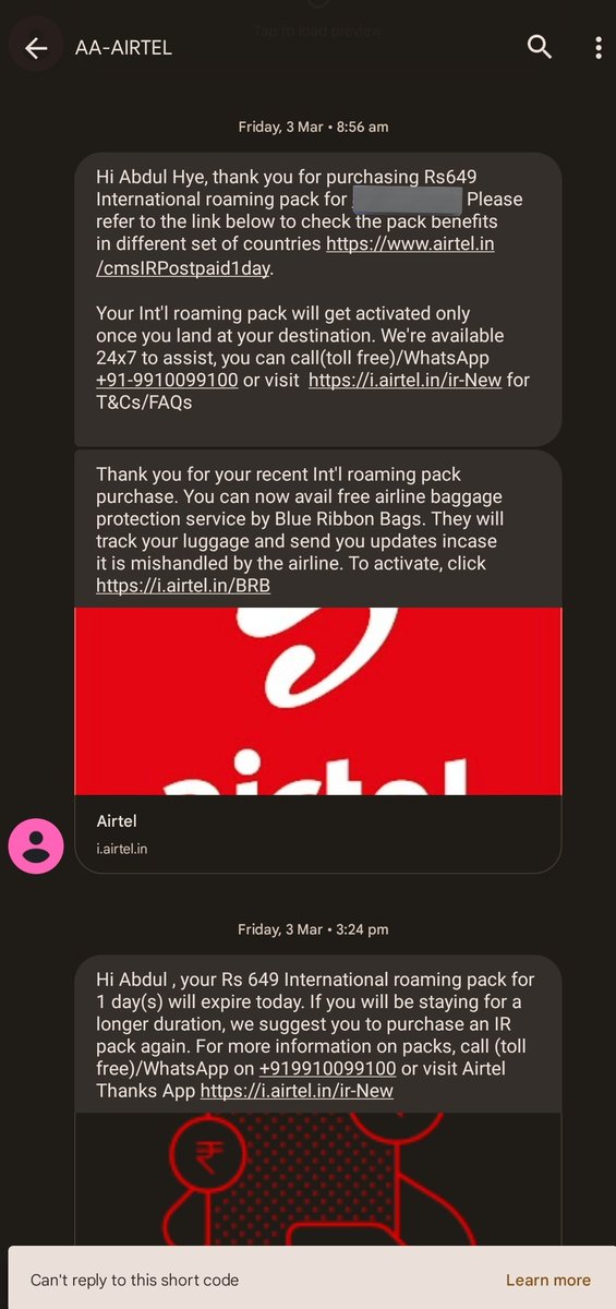 tFitAlpha's tweet photo. I reached out to support over WhatsApp and still automated responses from agents like reading it from book. And telling me the charges are right but I've attached the photos. Pack activated on 3rd with confirmation sms from Airtel.

5/6 https://t.co/FEXLziMq2p