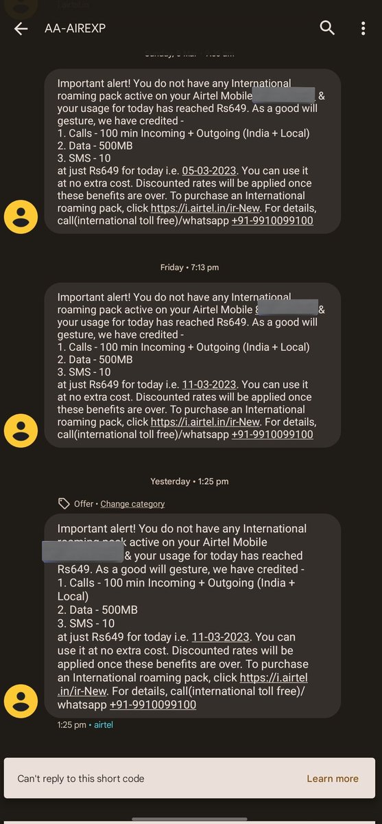 tFitAlpha's tweet photo. Next day on 4th i got below SMS and So on. Refer to the dates I received the SMS. On top of this  no ability to understand what customer is trying to tell regarding incorrect charges. 
Due date 16th.
Neither received SMS regarding international roaming data charges.

6/6 https://t.co/bPgIPpRtmJ