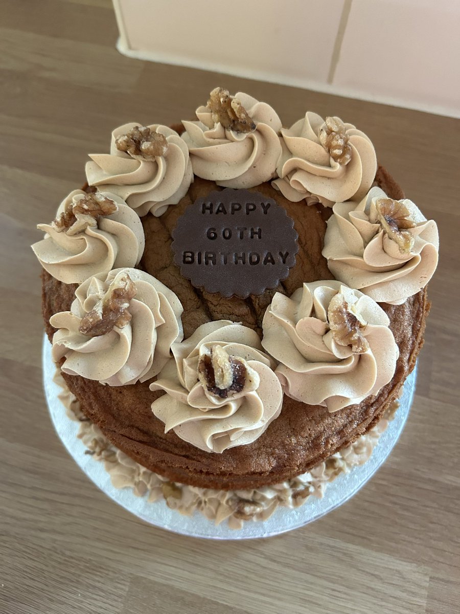 saddleworthbake's tweet image. Another order from this week - a Coffee &amp;amp; Walnut cake for a 60th birthday. Coffee flavoured sponges with crunchy walnut pieces in &amp;amp; silky smooth coffee buttercream😊 #coffeeandwalnutcake #60thbirthday #saddleworth #oldham #baking
