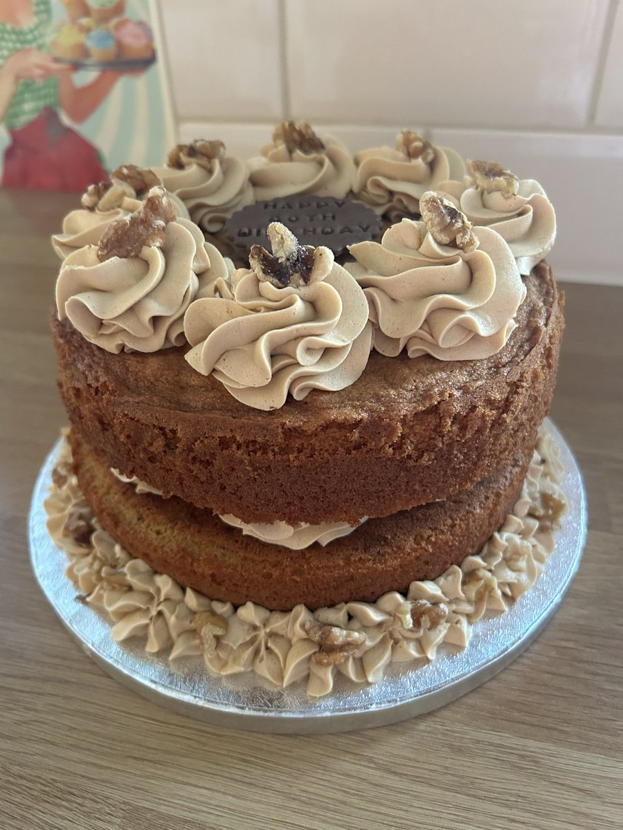 saddleworthbake's tweet image. Another order from this week - a Coffee &amp;amp; Walnut cake for a 60th birthday. Coffee flavoured sponges with crunchy walnut pieces in &amp;amp; silky smooth coffee buttercream😊 #coffeeandwalnutcake #60thbirthday #saddleworth #oldham #baking