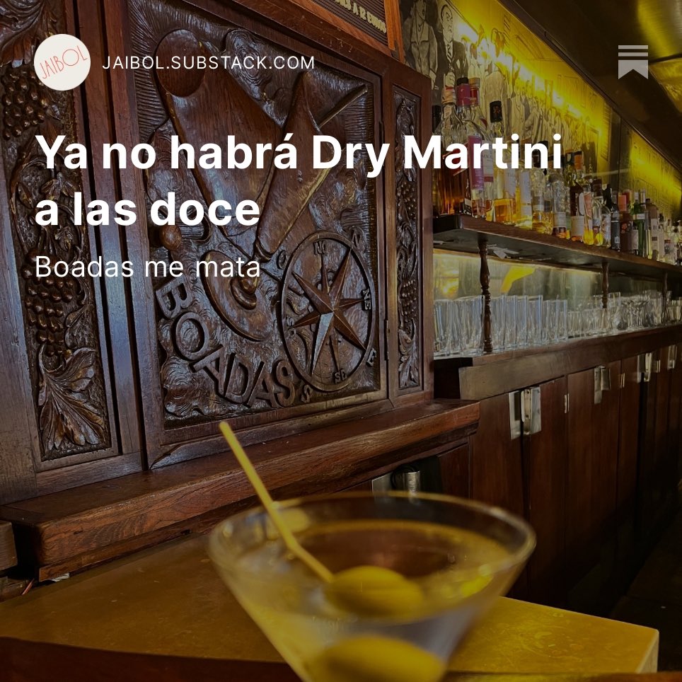 Boadas ya no abre al mediodía entre semana. Es un drama pero Boadas no tiene la culpa. Es que los bebedores de Dry Martini a las doce somos una especie en vía de extinción. El Jaibol de hoy es mi pequeño requiem.

jaibol.substack.com/p/ya-no-habra-…