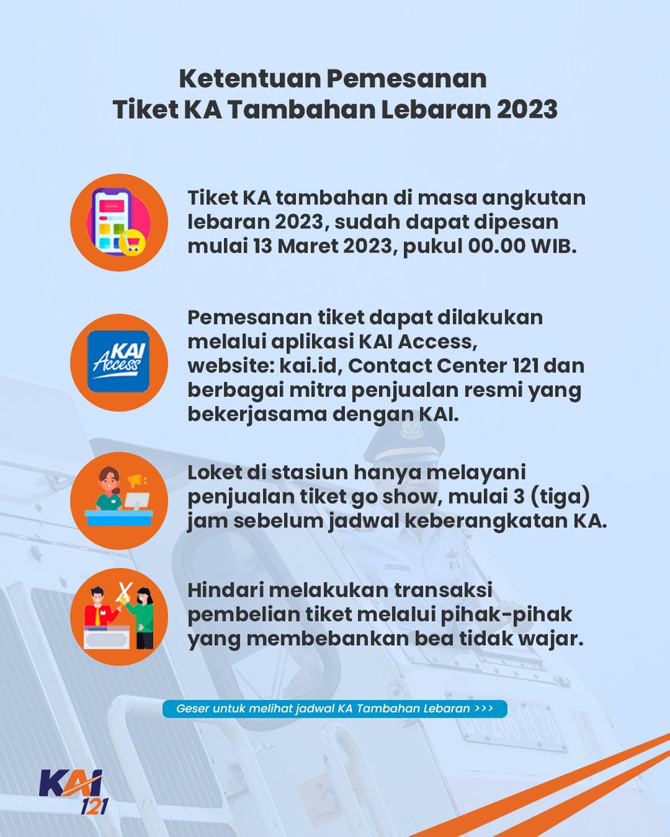 KAI121's tweet photo. KA Tambahan Lebaran Dibuka 13 Maret 2023, Cek Jadwalnya di Sini!

KA tambahan lebaran banyak banget yg nanyain nih? Ya udah Railmin spill, penjualan tiket KA tambahan masa angkutan lebaran, dapat dipesan mulai besok 13 Maret 2023, pukul 00.00 WIB.

#KAI121
#TiketKeretaApiLebaran https://t.co/BZ8pNGXYtD