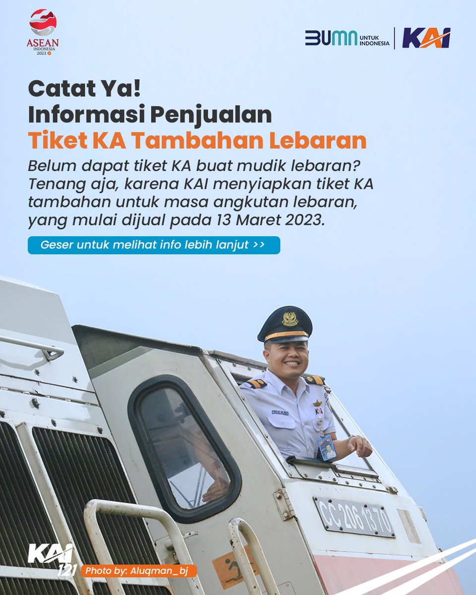 KAI121's tweet photo. KA Tambahan Lebaran Dibuka 13 Maret 2023, Cek Jadwalnya di Sini!

KA tambahan lebaran banyak banget yg nanyain nih? Ya udah Railmin spill, penjualan tiket KA tambahan masa angkutan lebaran, dapat dipesan mulai besok 13 Maret 2023, pukul 00.00 WIB.

#KAI121
#TiketKeretaApiLebaran https://t.co/BZ8pNGXYtD