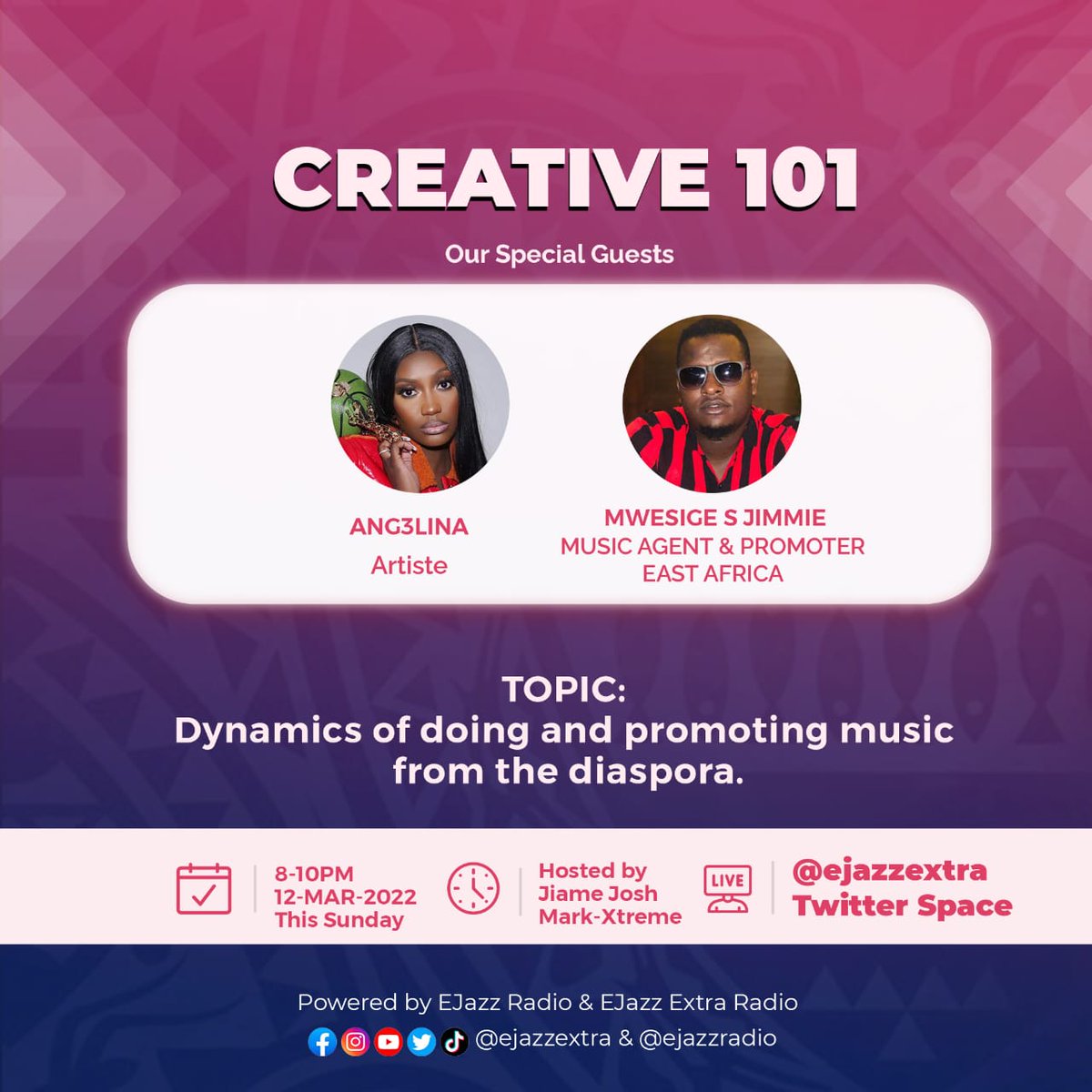 MrInfluencerUg1's tweet photo. Tune in to @EJazzextra twitter space from 8-10PM๐ฅ๐ฅ
The space is always hosted by @jiamejosh and @XtremeBpm Tonight on the #Creative101 space we have special guests @Ang3linababy & @mylzjimmie75 https://t.co/lYV0yPQ1fC