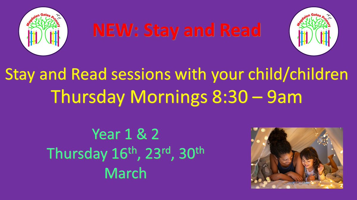 Magdalen_Gates's tweet image. *NEW* Stay and read sessions for Spring Half Term* Come and join your child/children in a stay and read session in their classroom on a Thursday morning. We look forward to seeing as many Parents, Carers or Grandparents as possible. #Reading #StayandRead #KeyStage1