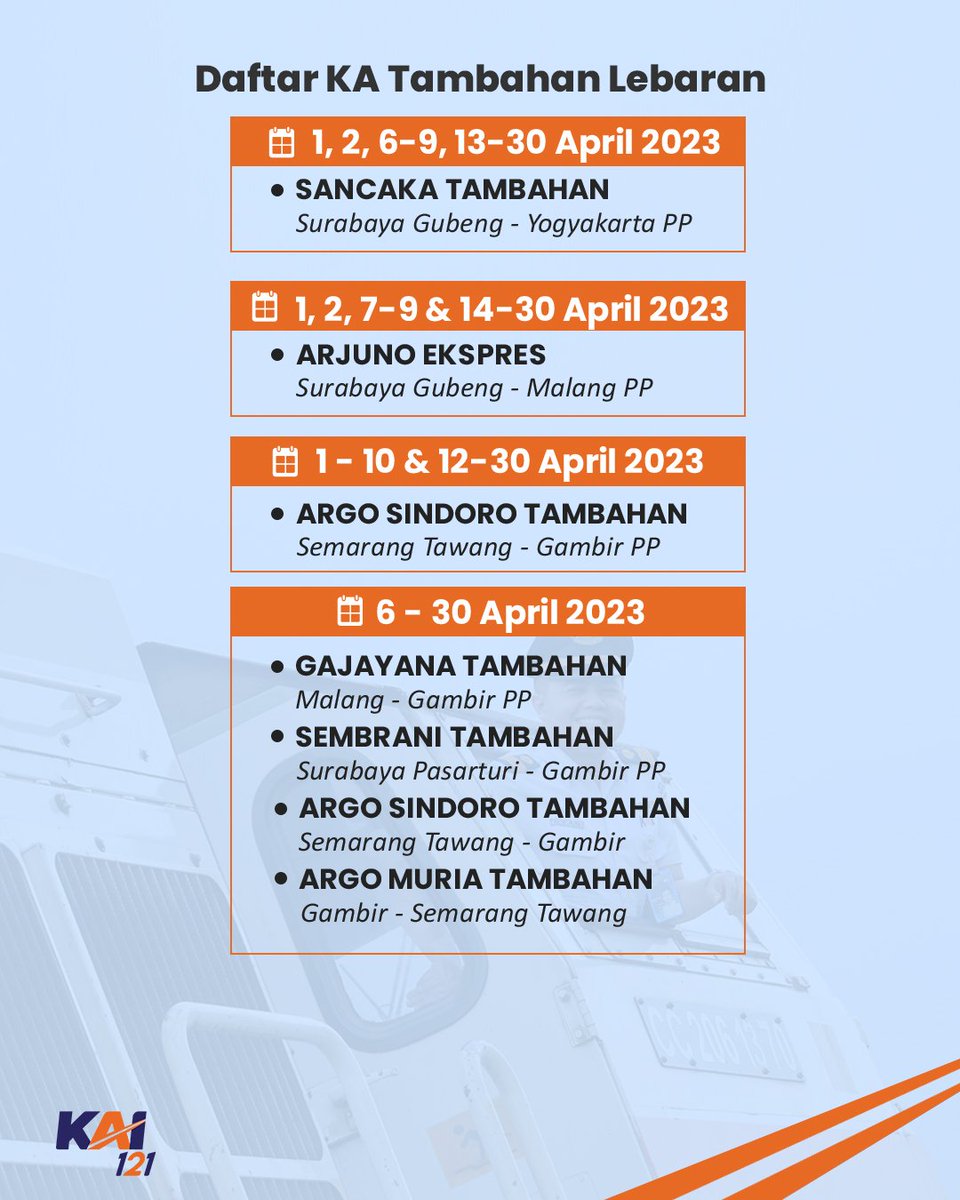 KAI121's tweet photo. KAI menambah bbrp perjalanan di berbagai rute &amp; kelas, utk menjawab tingginya minat masyarakat mudik naik KA. Jadwal KA tambahan bisa #SahabatKAI lihat di postingan ini.

Tag temen/saudara atau retweet, biar bisa rame-rame #mudiknaikkereta lagi ya!

#KAI121
#TiketKeretaApiLebaran https://t.co/fwhO7dyDdF