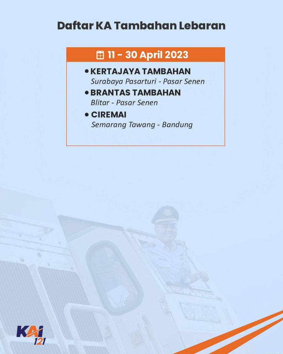 KAI121's tweet photo. KAI menambah bbrp perjalanan di berbagai rute &amp; kelas, utk menjawab tingginya minat masyarakat mudik naik KA. Jadwal KA tambahan bisa #SahabatKAI lihat di postingan ini.

Tag temen/saudara atau retweet, biar bisa rame-rame #mudiknaikkereta lagi ya!

#KAI121
#TiketKeretaApiLebaran https://t.co/fwhO7dyDdF