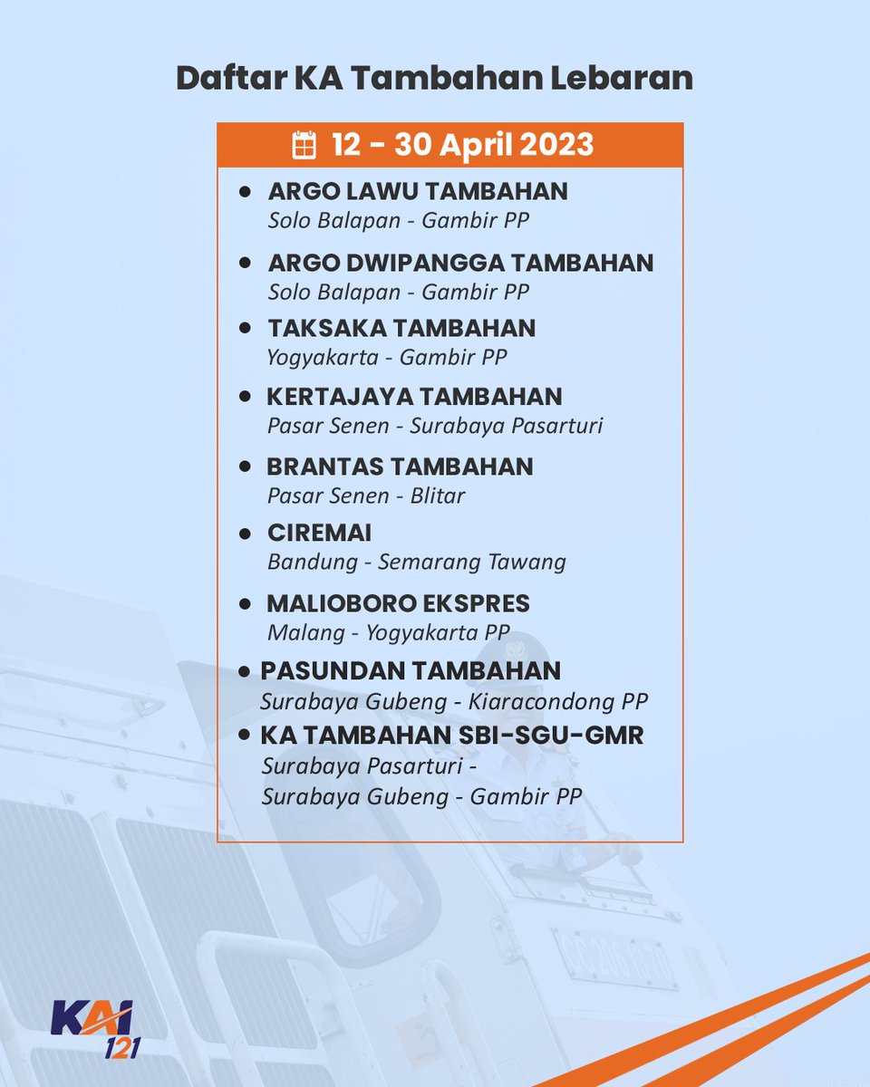 KAI121's tweet photo. KAI menambah bbrp perjalanan di berbagai rute &amp; kelas, utk menjawab tingginya minat masyarakat mudik naik KA. Jadwal KA tambahan bisa #SahabatKAI lihat di postingan ini.

Tag temen/saudara atau retweet, biar bisa rame-rame #mudiknaikkereta lagi ya!

#KAI121
#TiketKeretaApiLebaran https://t.co/fwhO7dyDdF