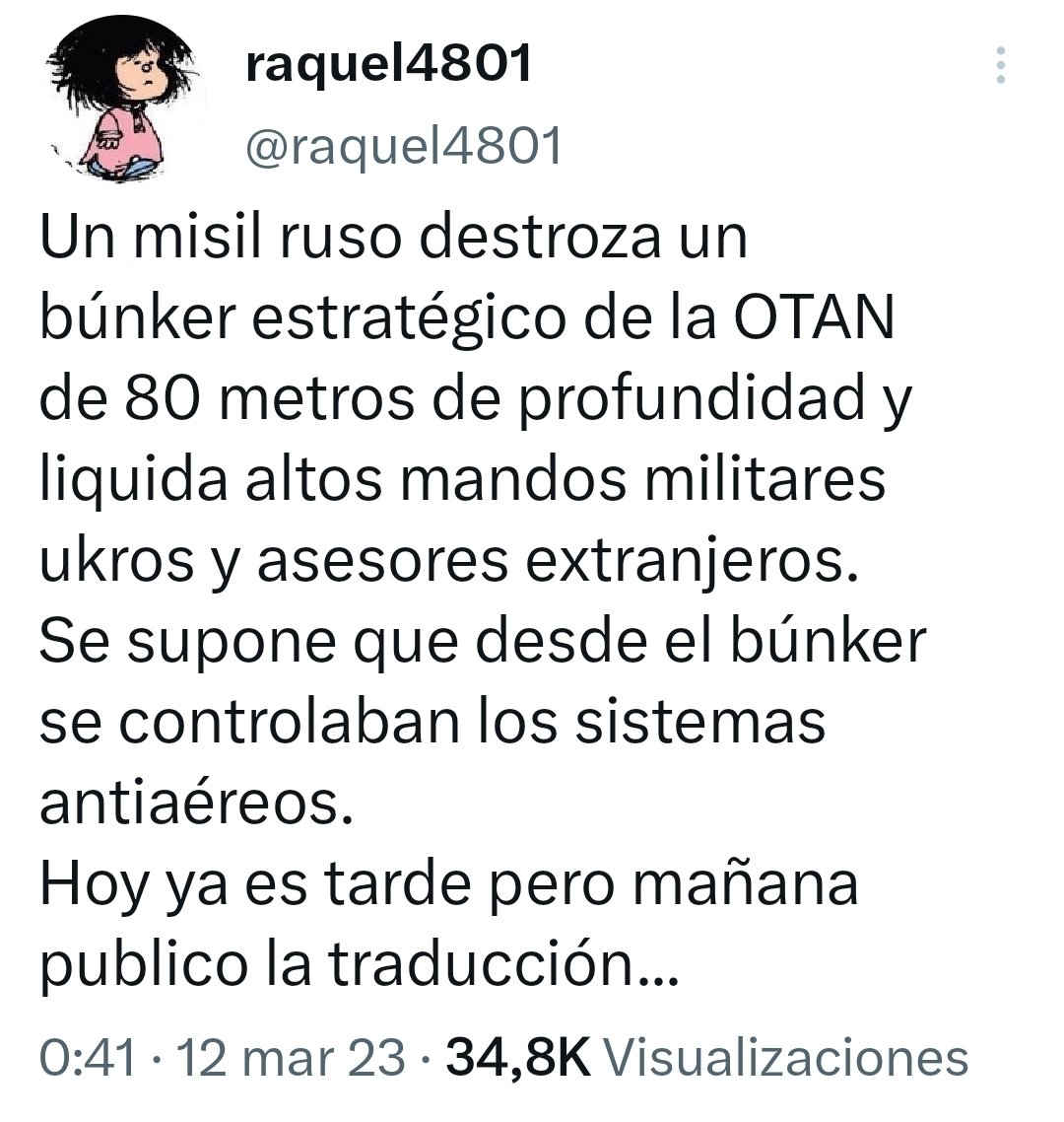 JavierBerzosa's tweet photo. Los propagandistas rusos hoy hablan de un imaginario misil ruso que ha destruido un imaginario centro de mando estratégico, ubicado en un imaginario bunker de la OTAN a 80 metros de profundidad, matando a imaginarios asesores extranjeros y mandos ucranianos. Y algunos les creerán https://t.co/KQf2GVuQfk